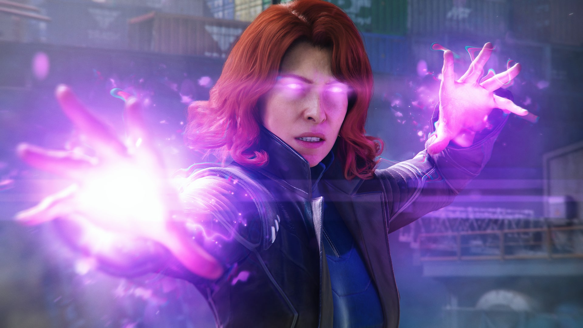 Jean Grey, con los ojos encendidos de violeta, usando sus poderes