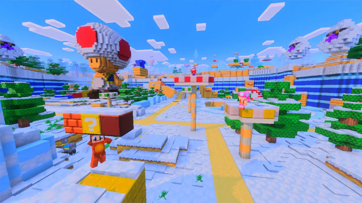 Un atardecer en Minecraft con Vibrant Visuals, con el sol bajo sobre un desierto y un lago